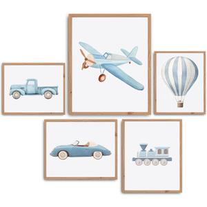 2 x Blue Car Wall Art Decor Boys Room Poster Vintage Train Transportation Wall Art (UNFRAMED) (White)