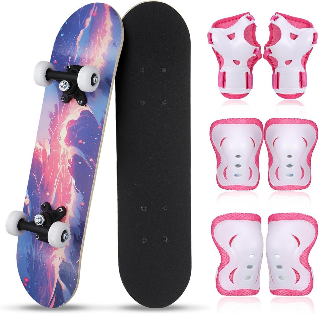 Honoson 7 Pcs Skateboard for Toddlers Beginners Knee Elbow Pads Wrist Guards Gear Set (Age 2-5 Kids 17 x 5'', Style: Pink Oceans)