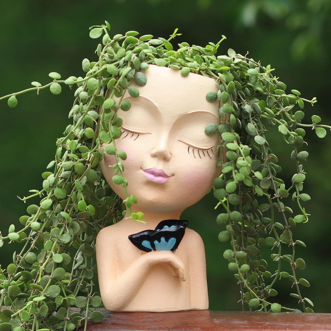 WEWEOW Face Planters for Outdoor Plants, Resin Succulent Pots with Drainage Hole Cute Lady Face Flower Pots