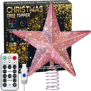 Christmas Tree Star Topper with Lights, 8.5-Inch Light-Up Christmas Tree Topper with Remote Control, 4 Brightness Levels & 8 Light Modes, Faux Mercury Glitter Design with 20 Lights (Pink)