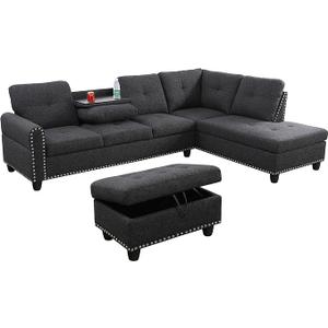 L Shaped Couch, Modular Sectional Sofa with Chaise, Modern Modular Sofas Furniture Sofa Couches for Living Room/Apartment/Office/Bedroom, Black Grey
