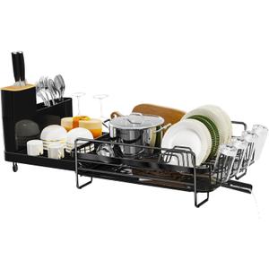 Runnatal Dish Drying Rack Extendable, Large Dish Rack with Drainboard, Utensil Holder, Cup Holder, Expandable Dish Drainer for Kitchen Counter, 20.5"-27.6" L x 12.6" W