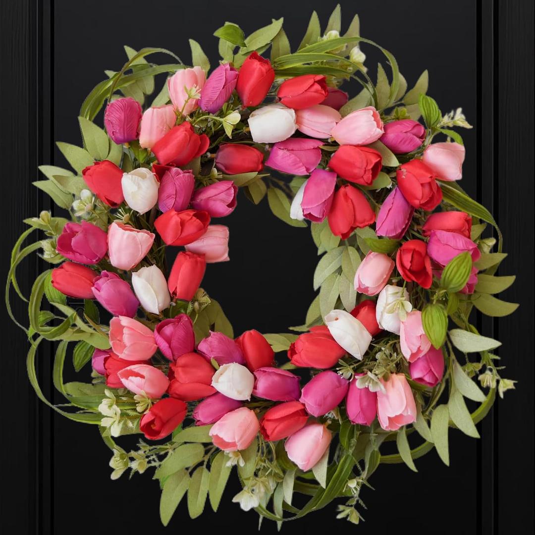 20 Inch Spring Tulip Wreath for Front Door, Pink White Tulip Floral Spring Door Wreath, Outdoor Wreaths for Wedding Festival Decorations