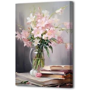 LURENCZH Lily Canvas Wall Art Pink Flower Picture Prints Book Art Wall Decor Abstract Floral Painting Prints for Living Room Decor Framed(Floral-3,16.00" x 24.00")