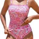 ZAFUL Women's Tummy Control Tankini Swimsuits Floral Print Two Piece High Waisted Bathing Suits Full Coverage Bikini Bottoms, Size L