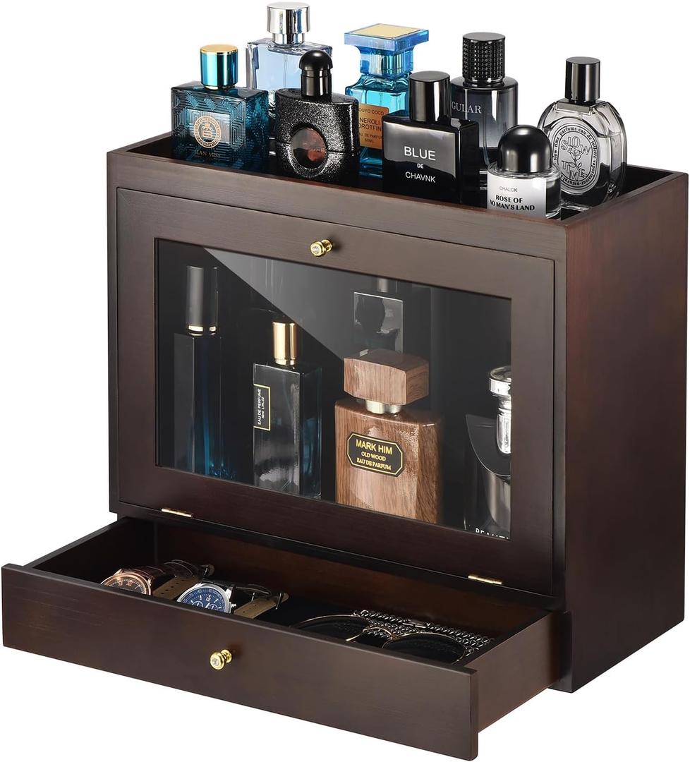 Perfume Organizer for Men, Wood Perfume Display Stand with Velvet Lining Drawer,Capacity Dustproof Perfume Holder for Watch,Jewelry,Perfume Display Risers,A Gift for Men (Walnut)