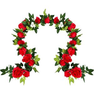 UKELER 2 Pack 14FT Artificial Rose Vines Red Flower Garland Artificial Rose Flowers with Green Leaves Floral Plant for Wedding Arch Party Garden Craft Home Decor