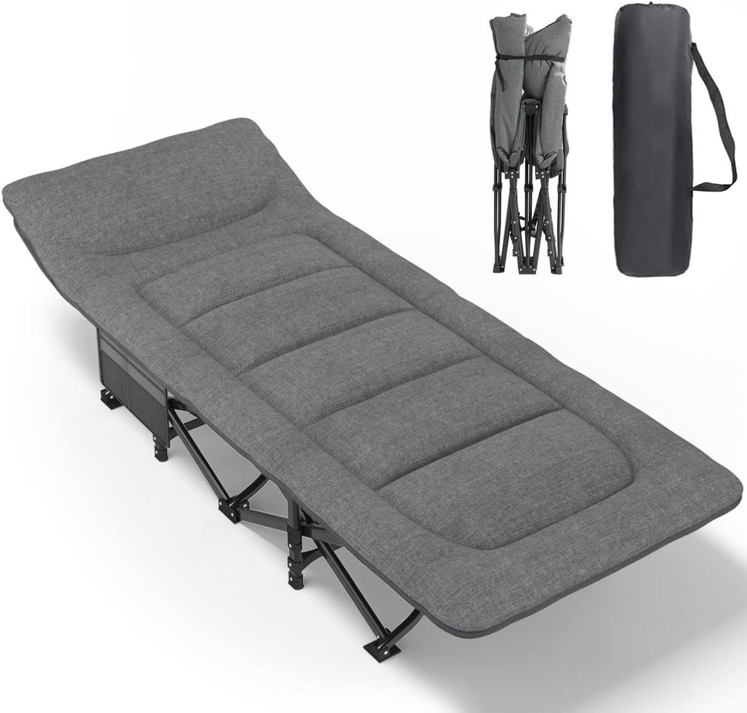 ATORPOK Camping Cot for Adults with Cushion and Pillow, Portable Folding Bed for Sleeping, Lightweight Tent cot with Carry Bag Supports 450 lbs (Grey), Large Size