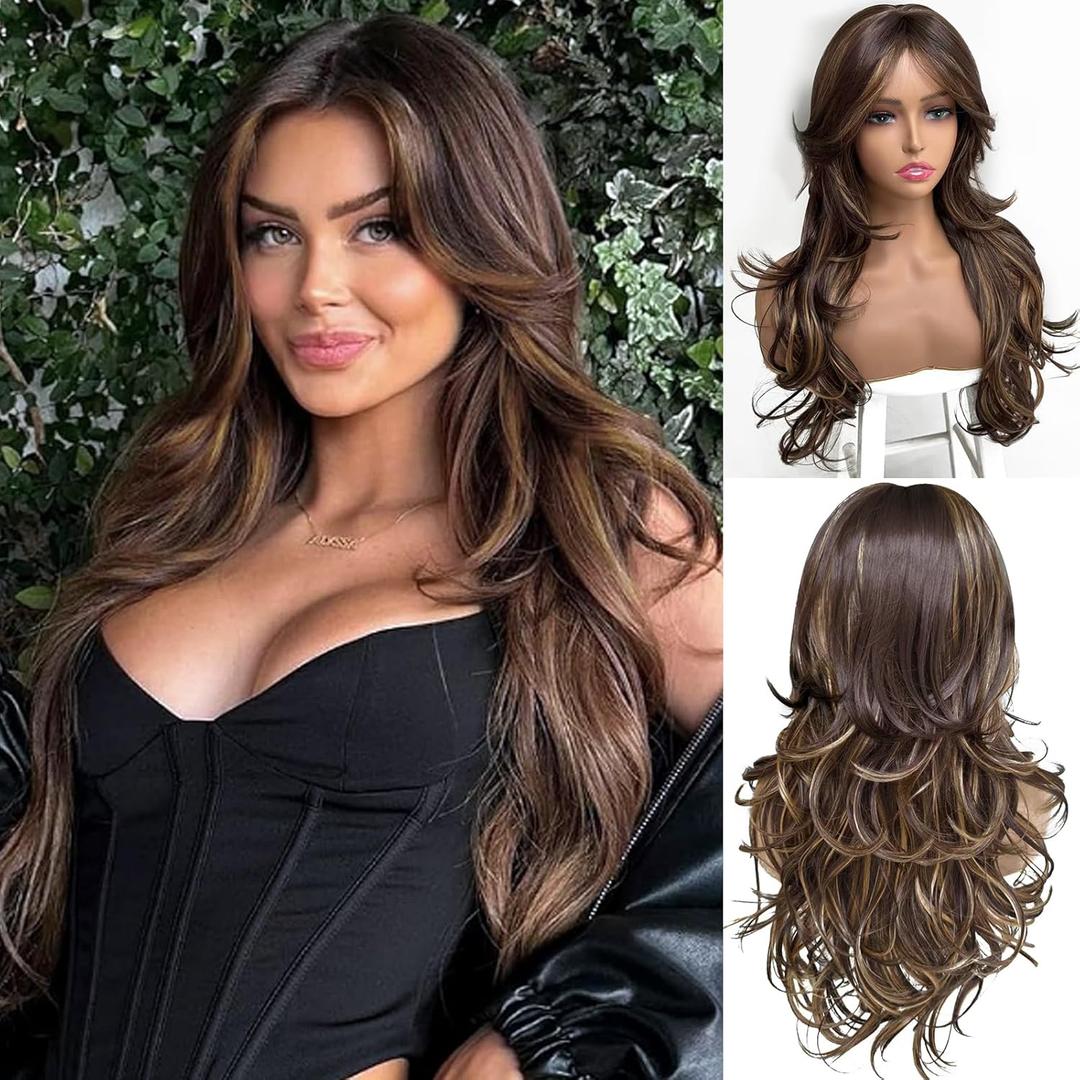 Highlight Dark Brown Layered Wavy Wig With Curtain Bangs for Women Dark Brown Mixed Honey Blonde Wavy Wig Natural Looking Synthetic Blonde Layered Heat Resistant for Daily Party Use 24inch