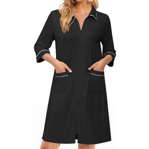 Ekouaer Zipper Robes for Women 3/4 Sleeve Housecoats Knee Length Bathrobe Lightweight Nightgown with Pockets M