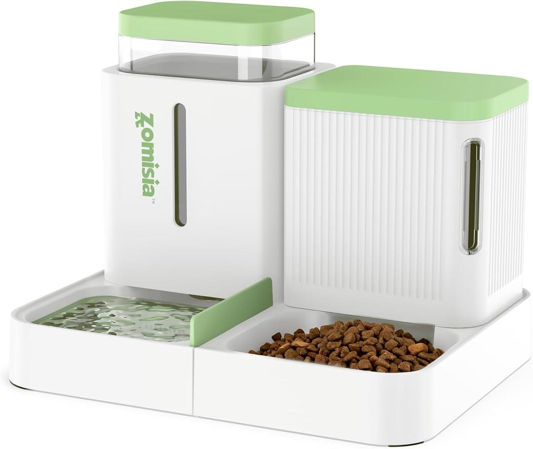 Gravity Cat Feeder and Water Dispenser, 2 in 1 Cat Self Feeder with 180 Degree Rotatable, Automatic Feeding Large Capacity for Small Medium Dog Puppy Kitten, White & Green, 0.8 Gallon x 2