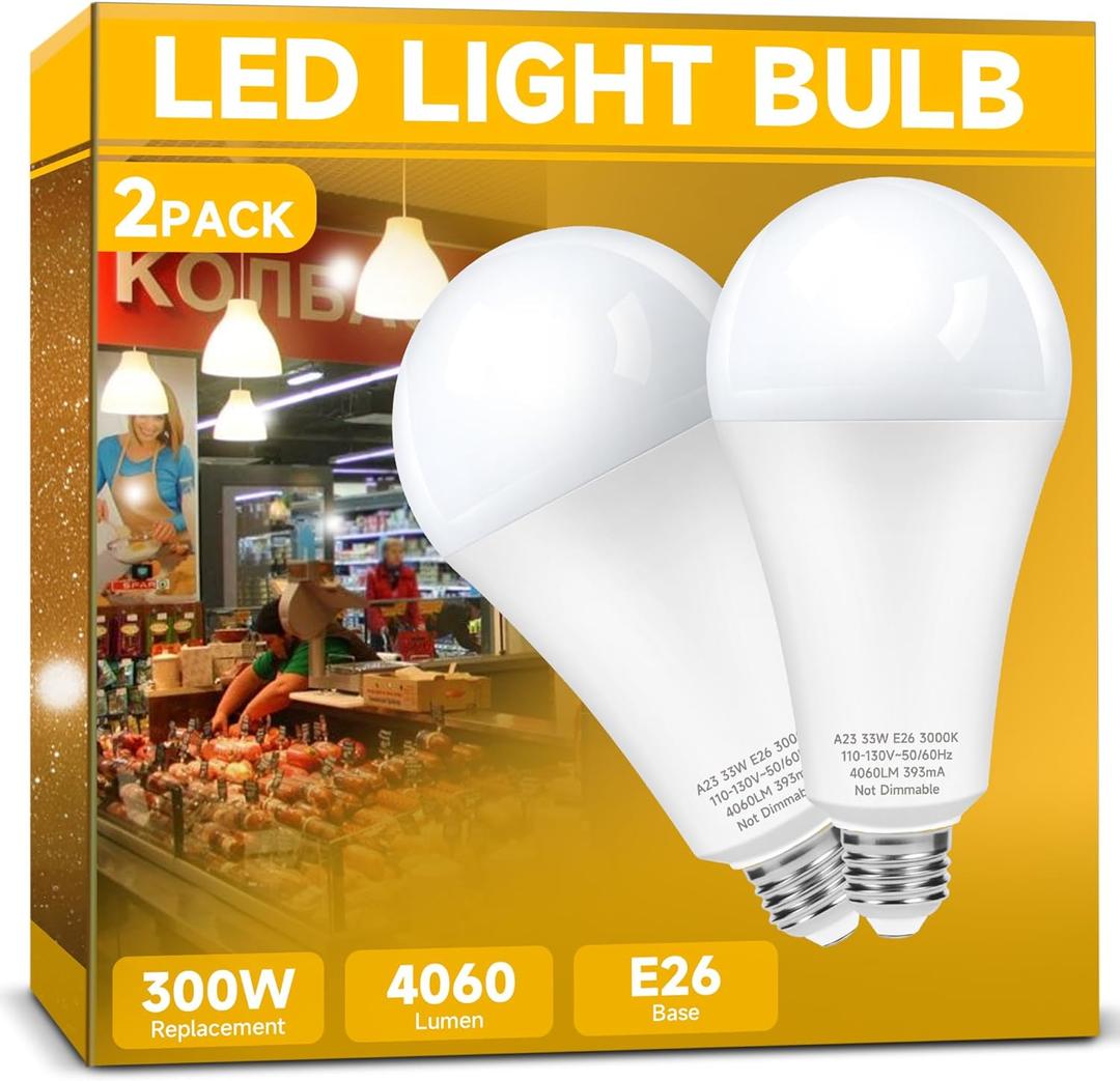 300W Equivalent LED Light Bulb, Super Bright 4060 Lumen Warm White 3000K, A23 E26 Medium Base 33 Watt LED Bulb for Garage Warehouse Workshop Backyard Patio Street Supermarket, 2-Pack