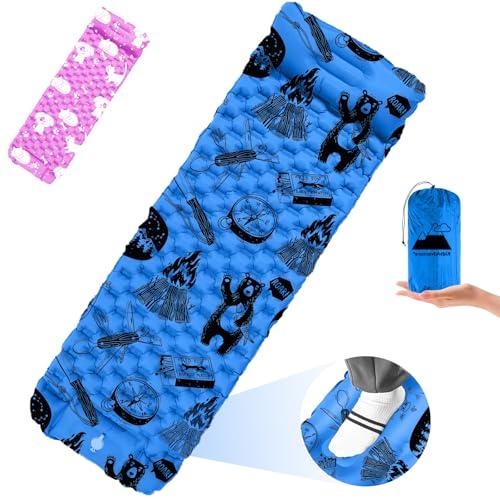 Inflatable Sleeping pad for Kids, Toddler and Youth | Air Mattress w Built-in Pump, 5’5” Ultralight Sleeping Mat with Pillow for Camping, Sleepovers & Travel | Airpad, Kids Cot, Camping Mattress -Blue