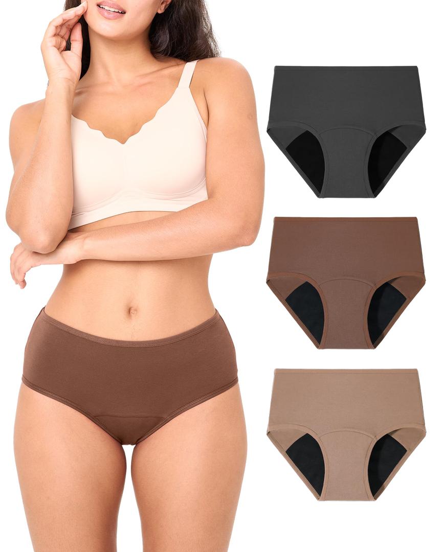 2 x BAMBOO COOL Womens Period Underwear Light Flow High Waisted Leakproof Postpartum Maternity Panties Soft Breathable,3 Pack (Brown, L)