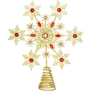 Glittering Gold Snowflake Christmas Tree Topper, 3D Sparkling Metal Snowflake for Xmas Decor, Holiday Party Indoor Decorations