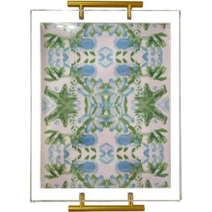 Acrylic Serving Tray with Gold Handles - 11"x14" Decorative Clear Tray, Green and Blue Watercolor Botanical - Vanity, Cofee Table, Bar Cart, or Bathroom Organizer