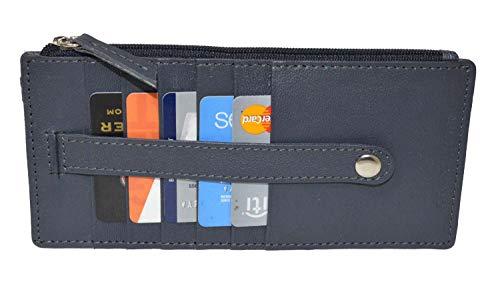 Leatherboss Genuine Leather Women's All in One Credit Business Card Case Holder Slim Zipper Wallet With a Card Protection Strap, Blue