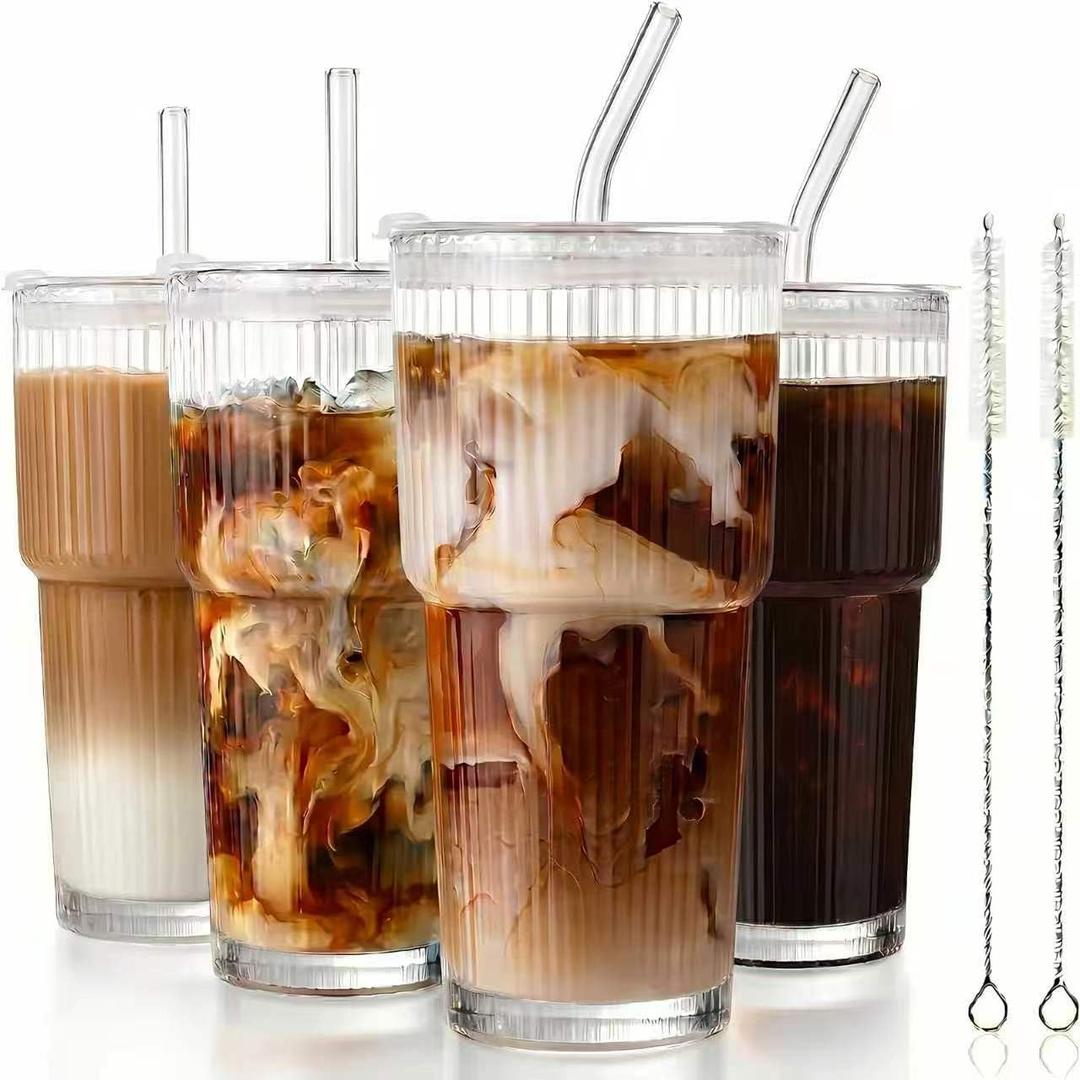 4 Pack 20 Oz Glass Cups with Lids and Straws Iced Coffee Cups Vintage Ribbed Glassware for Beer Ice Coffee Fruit Juice Elegant Aesthetic Cup Glass Iced Coffee Tumbler Include 2 Cleaning Brushes