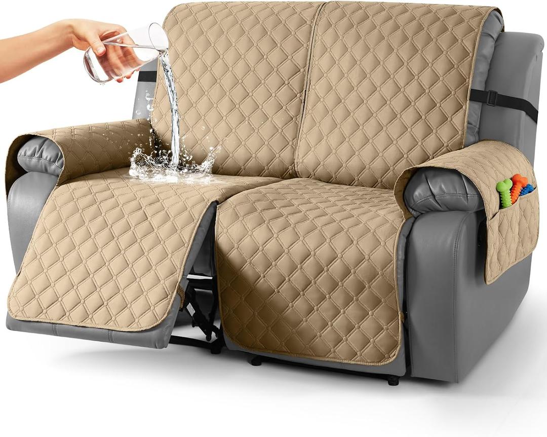 TAOCOCO 100% Waterproof Recliner Covers, Recliner Sofa Covers with Leg Straps, Reversible Recliner Couch Cover for Reclining Chair, Washable Couch Protector for Pets Kids(2 Seater, Camel)