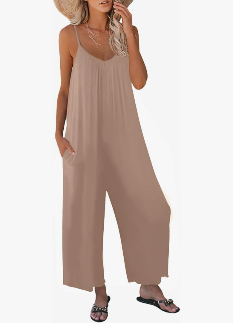 Womens Casual Sleeveless Strap Loose Adjustable Jumpsuits Stretchy Long Pants Romper with Pockets S