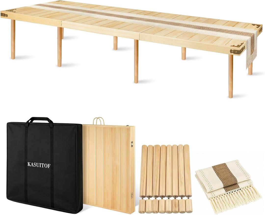 Low Picnic Table with 2 Adjustable Heights Boho Wooden Picnic Table with Table Runner, 95" x 34" Size for 10, Portable & Foldable for Beach, Camping & Forest (Large Size for 10)