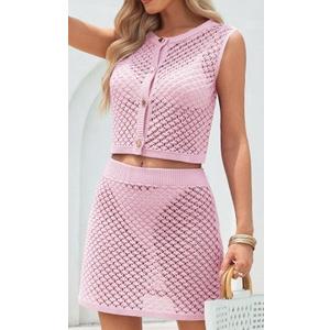Fisoew Womens Crochet Swimsuit Cover Ups 2 Piece Sleeveless Button Down Crop Tops Mini Skirt Sets Beach Vacation Outfits (Small, Pink)