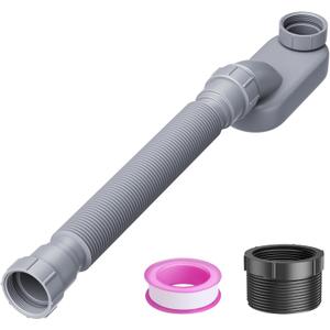 Low Profile Flexible Bathtub Shower Drain Pipe Kit - Flat P Trap for Freestanding Tub, 1 1/2 or 1 1/4 Inch(Gray)