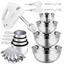 Hand Mixer Electric Mixing Bowls Set, 5 Speeds Handheld Mixer with 4 Nesting Stainless Steel Mixing Bowl, Measuring Cups Spoons 200W Kitchen Blender Whisk Beater Baking Supplies For Beginner