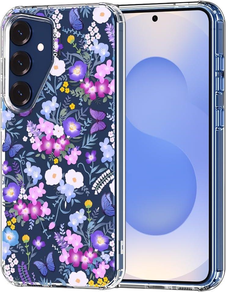 MOSNOVO Case for Samsung Galaxy S25 / Galaxy S24, [Buffertech 6.6ft Military-Grade Drop Protection] [Anti Peel Off Tech] Clear TPU Bumper Phone Case Cover Design - Purple Peri Nemophila Flower