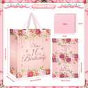 Floral 16th Birthday Gift Bag with 16th Birthday Wrapping Paper and Greeting Card Pink Flower 16 Treat Candy Goodies Paper Bag with Handle for Girls Happy 16 Bday Decorations Party Favor Supplies