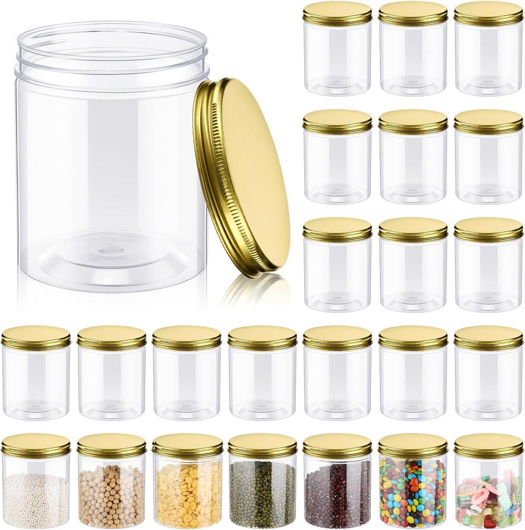 Irenare 24 Pcs 16 oz Plastic Jars with Lids Clear Plastic Containers Wide Mouth Food Mason Jars Airtight Storage Containers for Cake, Dried Fruit, Honey, Nuts, Carft, Scrub Cream(Golden Lids)