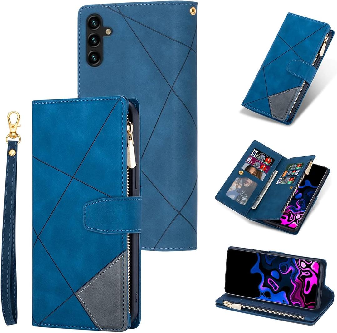 UEEBAI Wallet Case for Samsung Galaxy A34 5G, Vintage Premium PU Leather Cover Flip Case with Card Slots Magnetic Closure Zipper Pocket Kickstand Handbag with Hand Strap - Diamond Blue