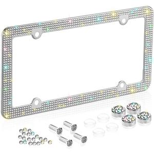Bling Rhinestone License Plate Frames for Women, 4 Row Rhinestone Diamond Metal Stainless Stee License Plate Cover Bling Car Accessories Decoration (1 Pack, 4 Holes White)
