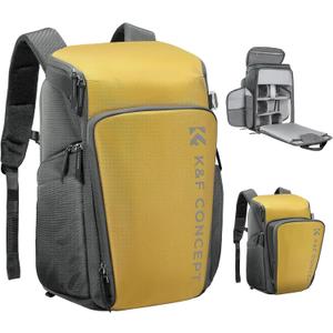 K&F CONCEPT Professional Camera bag Backpack 25L Large Capacity Camera Case with Raincover 15.6 Inch Laptop Compartment Compatible with Canon/Nikon/Sony/DJI Mavic Drone Travel Camera Backpack (Lemon Yellow)