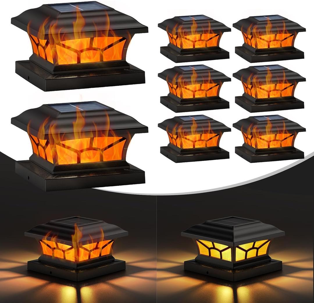 8 Pack Solar Post Cap Lights Outdoor Flickering Flame & Warm White, Fits 4x4 5x5 6x6 Wooden or Vinyl Posts, Waterproof Solar Fence Deck Lights for Yard Garden Patio Decoration.