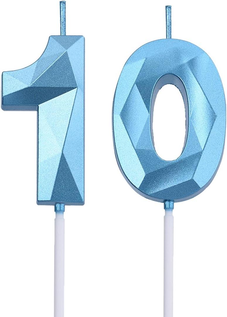 2 inch Blue 10 Birthday Candles, 3D Diamond Number 10 Cake Topper for Boys Girls Birthday Party Decorations Theme Party