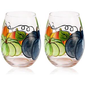 Yuthsona 2PCS Hand Painted Pumpkin Goblets Thanksgiving Wine Glass Fall Autumn Table Decor With Stem for Hostess Perfect Gifts (Pumpkin-A-Stemless)