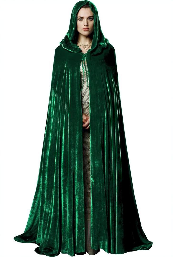 Unisex Adult Black Witch Cape Full Length Hooded Robe Cloak Halloween Dress Up Parties (Green-1)
