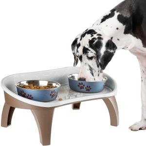 Elevated Pet Feeding Tray - 21″ x 11″ x 8.5″ Raised Dog Bowl Stand with Splash Guard and Non-Skid Feet - Comfortable Mealtime for Dogs and Cats by PETMAKER (Brown/Gray)