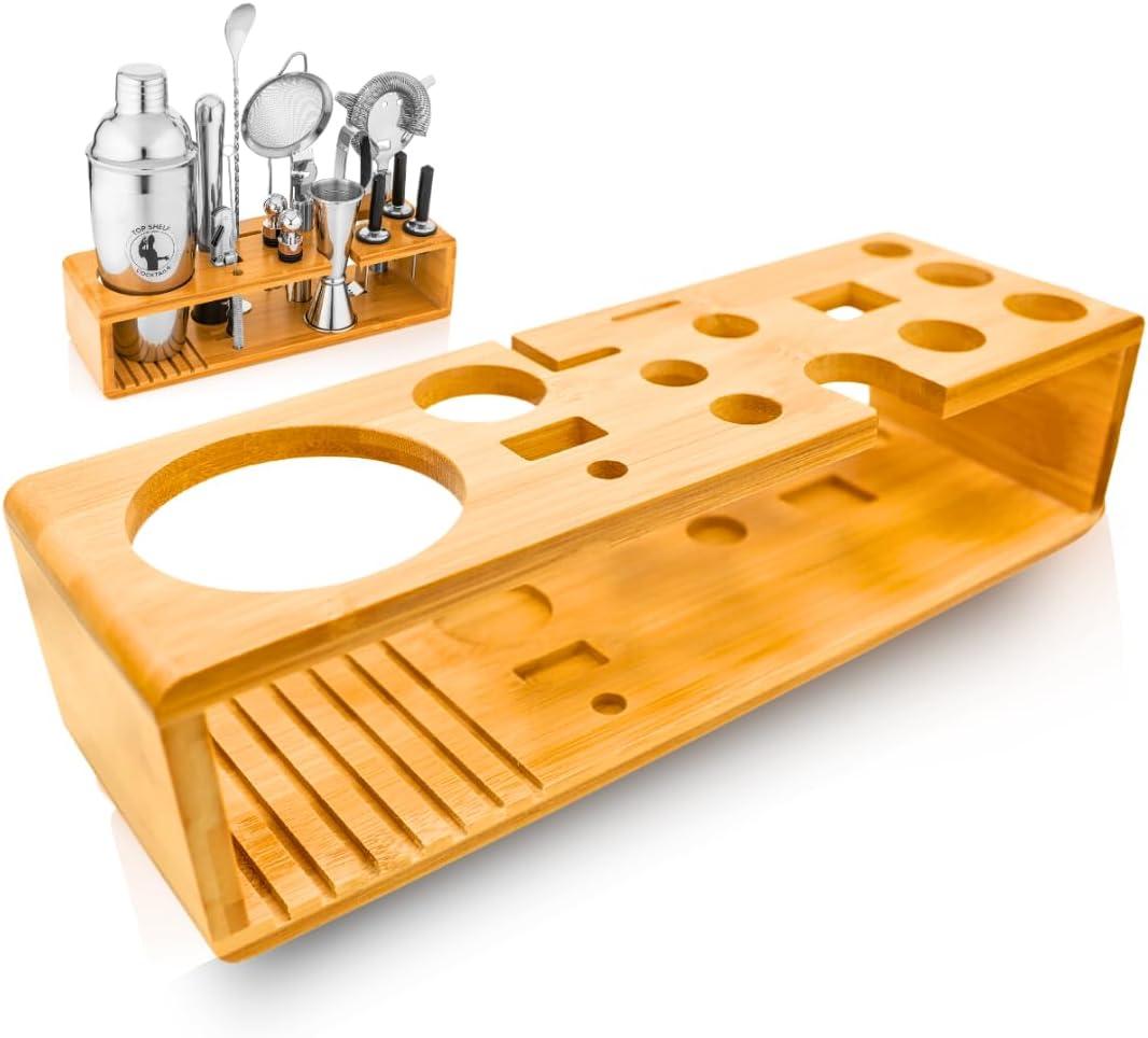 Cocktail Shaker Set Stand Only - Wooden Bartender Kit Stand - Bar Accessories Storage Holds Up to 15 Pcs - Bar Tools Set Bamboo Stand for Home Or Bar