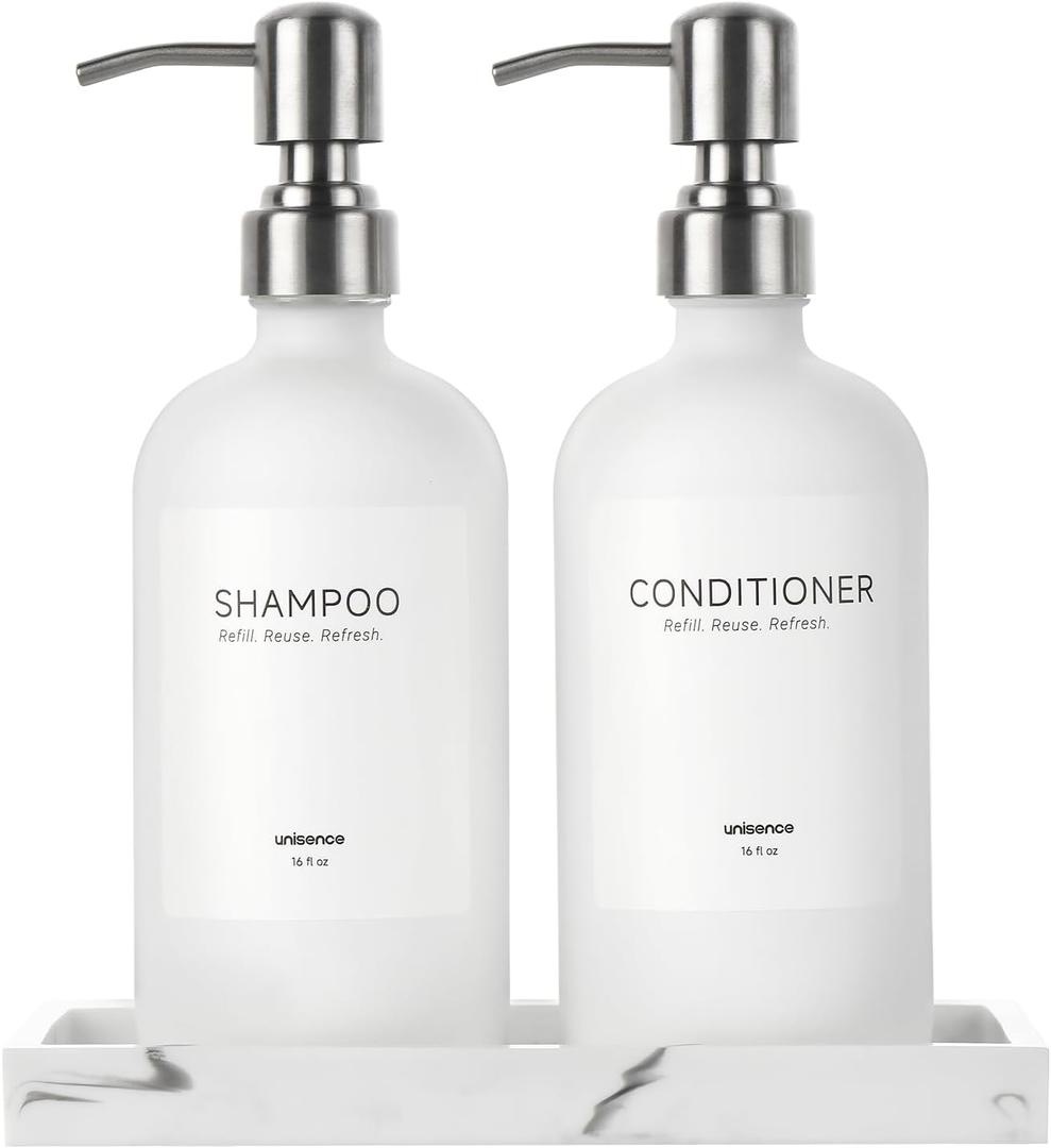 White Glass Soap Dispenser Set for Kitchen, Hand and Dish Soap Dispenser with Stainless Steel Pump & Resin Tray, Perfect for Kitchen,Hotel Rental-Modern Soap Dispenser Decor for Kitchen