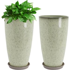 Neoaider Set of 2 Lightweight Ceramic-Look Tall Planter, 21 inch Large Plastic Planter with Drain Hole & Saucers, Large Outdoor Planters for Porch, Garden, Patio, Balcony(Drip Glaze)