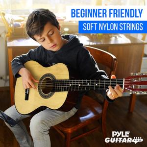 Pyle 30 Classical Acoustic 6 String Linden Traditional Style Guitar w/Wood Fretboard, Case Bag, Nylon Strap, Tuner, 3 Picks-for Beginner, Children Use, Right Handed, (PGAKT30)