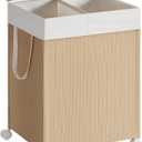 SONGMICS HOME Laundry Hamper with 2 Section, 100 L Large Rolling Laundry Basket with Wheels, Rattan Clothes Hamper with Lid, Removable Liner with Handles, Natural Beige and Matte White ULCB601N01