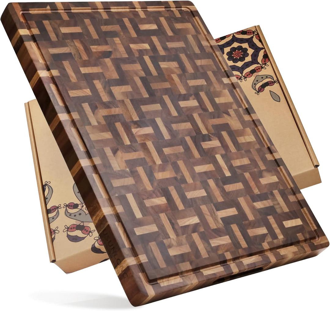 YOUSUNLONG Cutting Board XXL Large End Grain Acacia Wood Mixed With Oak - 24x18x1.5 Inch - Reversible Butcher Chopping Board With Deep Juice Groove And Handle - Cheese Board & Cooktop Board