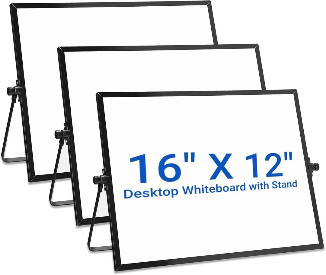 3 Pcs Dry Erase Whiteboard 16" x 12" Desktop Whiteboard Calendar Double Sided Magnetic White Board Dry Erase Board with Stand Portable Planning Panels for Home Office School to Do List (Black Frame)