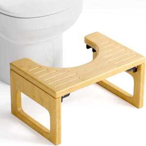 AmazerBath 8.5 Inches Bamboo Toilet Stool Squat for Adults, Collapsible Poop Stool for Bathroom, 0.79" Thickness Squatting Potty with Non-Slip Strip, Space-Saving, Natural Color