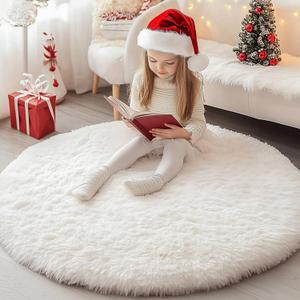 Xexsin Round Fluffy Rugs 3Ft for Girls Bedroom, Cream White Shag Circle Kids Rug Non-Slip for Bedside Dorm Nursery Playroom, Soft Cute Area Rugs for Living Room Decor