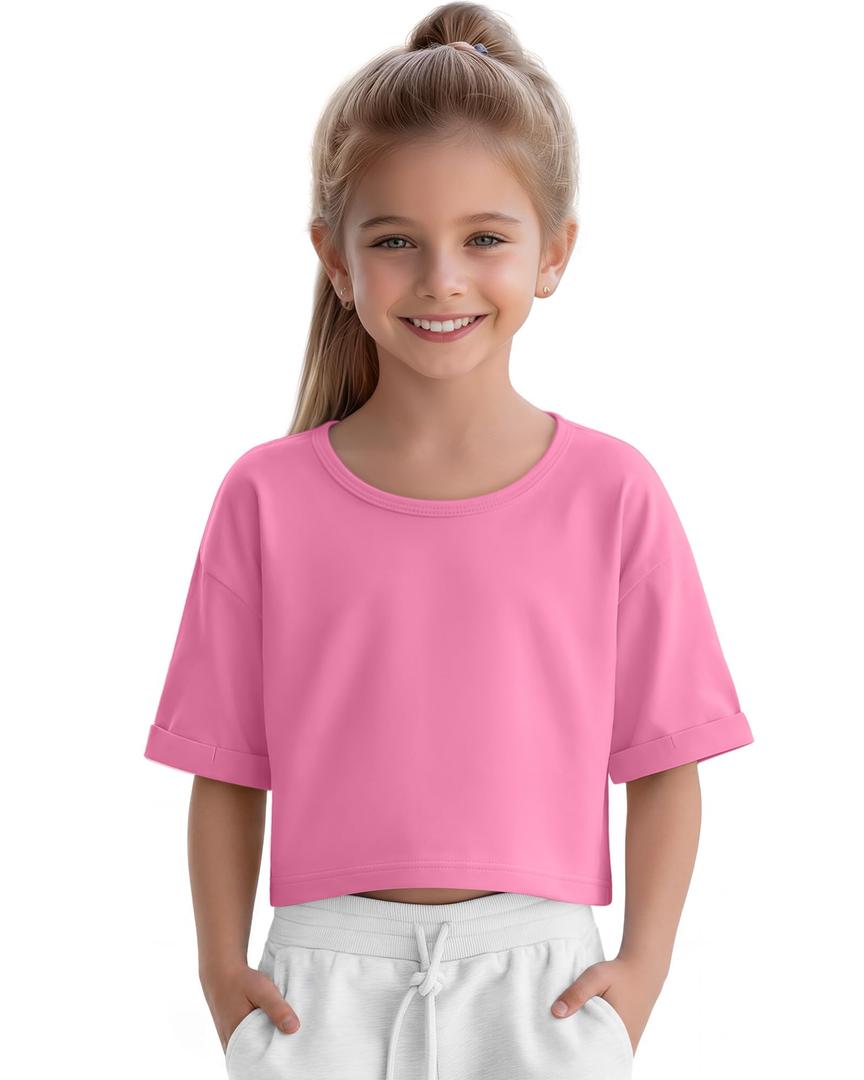 LessonZoo Girls' Crop Tops Oversized Summer Short Sleeve Crew Neck Shirts Drop Shoulder Rolled Cuffs Kids Cute Trendy Tee(Peach Pink,7-8 Years)