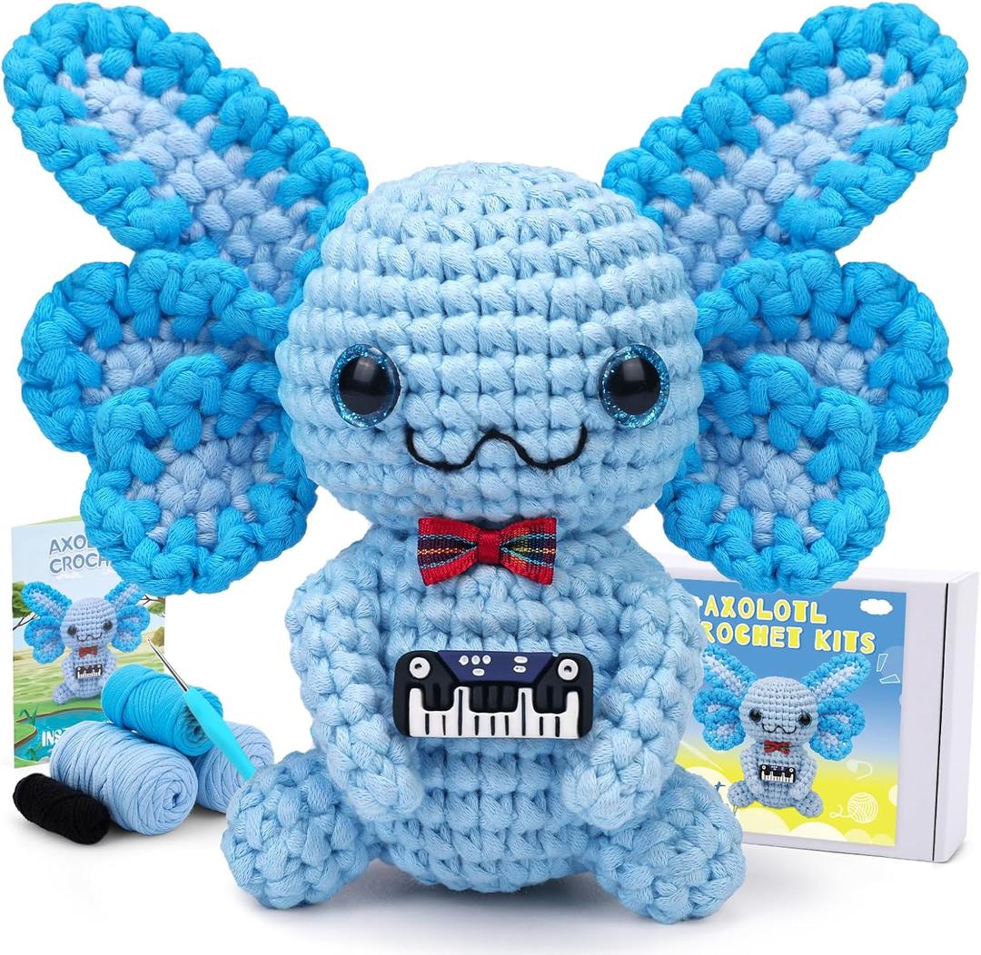 Pnytty Crochet Kit for Beginners, Crochet Animal Kits for Starters with Step-by-Step Video Tutorials, Blue Axolotl Knitting Kit with Easy-to-See Stitches Yarn, Crochet Hooks for Adults Easy Craft